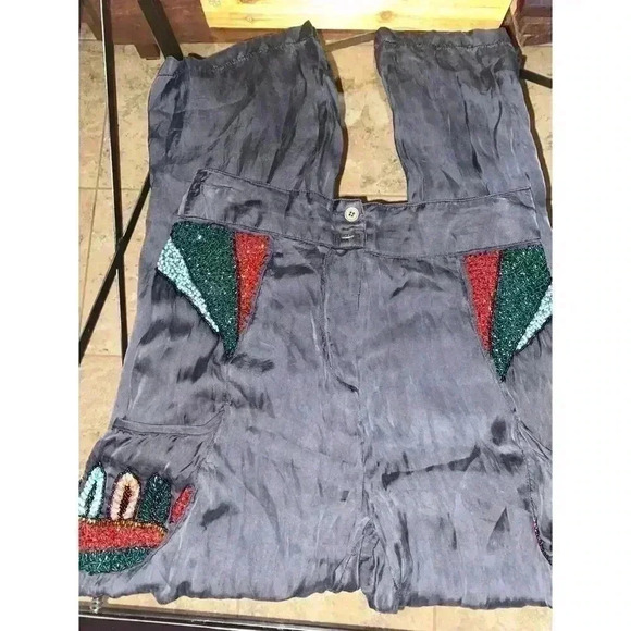 Anthropologie Boho Raga Bead Embellished Silky Satin Whimsical Pants Size S - Picture 2 of 11